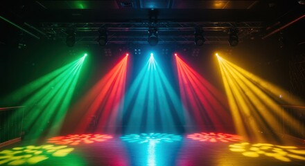 Stage lighting with colorful beams of red, blue, green, and yellow