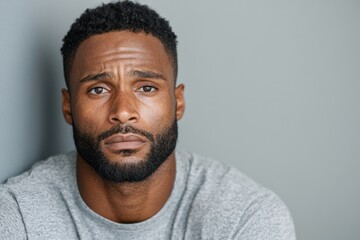 Close up portrait of a sad african american man looking at camera over grey background