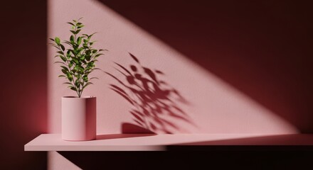 Soft Pink Plant Shelf With Dramatic Sunlight Shadows