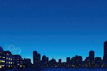 Fototapeta premium Urban skyline under a mystical twilight sky illuminated by sparkling fireworks over the waterfront reflecting architectural beauty and the excitement of city life