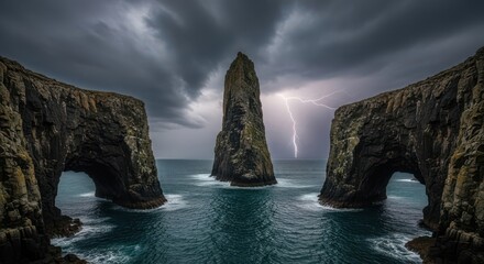 Dramatic Coastal Rock Formations Under a Thunderstorm Sky