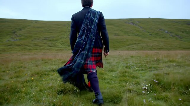 Scottish highlands journey: Man in kilt walks across a scenic grass field