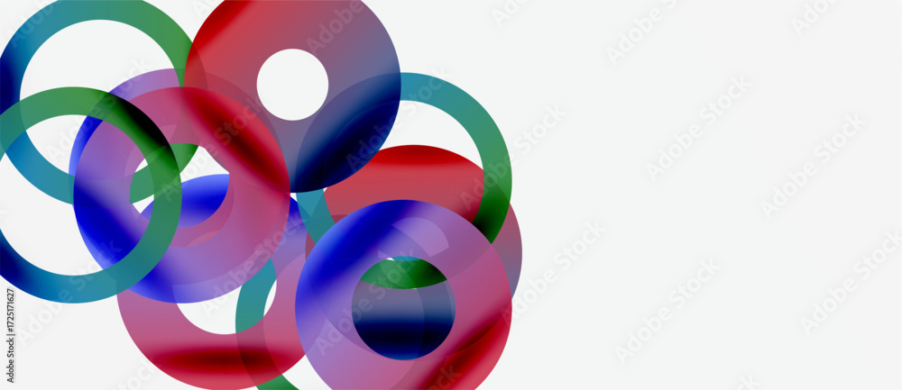 Poster abstract composition features overlapping colorful circles. red, blue, green hues create dynamic vis