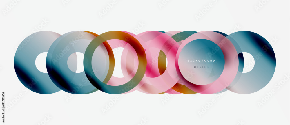 Poster abstract colorful circles overlap creating modern design. gradient hues blend, forming dynamic visua