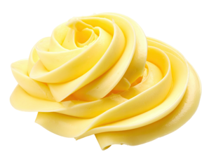 Close-up of swirls of pale yellow butter, resembling a flower or rose