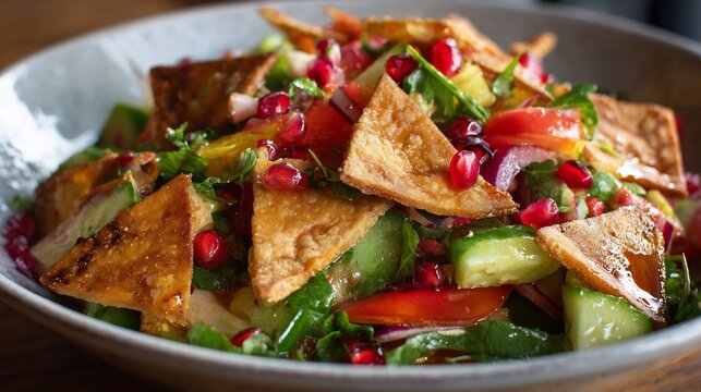Lebanese fattoush salad crispy pita chips fresh vegetables pomegranate dressing