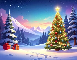 Christmas Snowy Mountain Landscape with Tree.