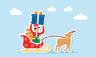 Santa train carrying gifts and man in red outfit with santa hat lifting present illustration of appreciation for christmas celebration