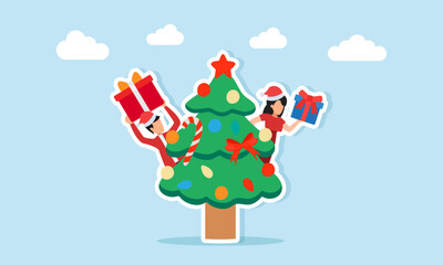 Man and woman in red outfits with santa hats each carrying gift standing behind christmas tree illustration of appreciation for christmas celebration
