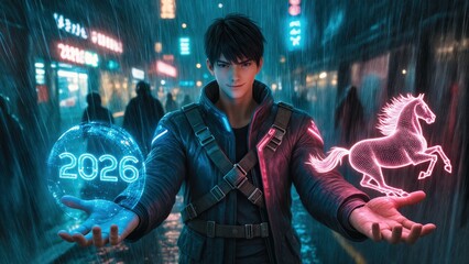 Techwear New Year Style Man with Cyberpunk 2026 Hologram and Neon Horse