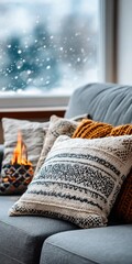 Cozy Winter Evening Scene with a Warm Fireplace, Snowfall Outside, and Decorative Pillow Ornament