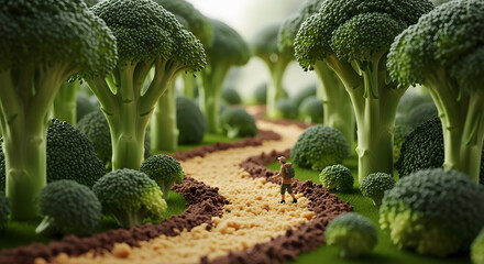 Healthy eating journey concept with a miniature explorer hiking on a path through a surreal, magical forest landscape made of fresh broccoli.