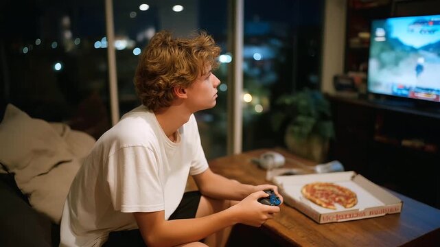 A teenager slouches on a worn couch its fabric frayed in a dimly lit living room captivated by glowing television screens streaming a gaming tournament. A plastic controller