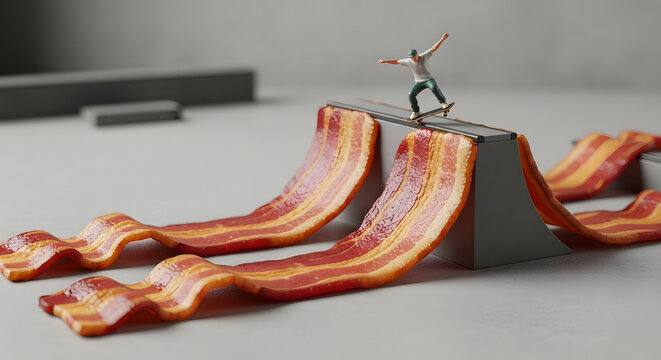 Creative Miniature Skateboarder Figure Doing Tricks on Crispy Fried Bacon Strips Ramp Concept