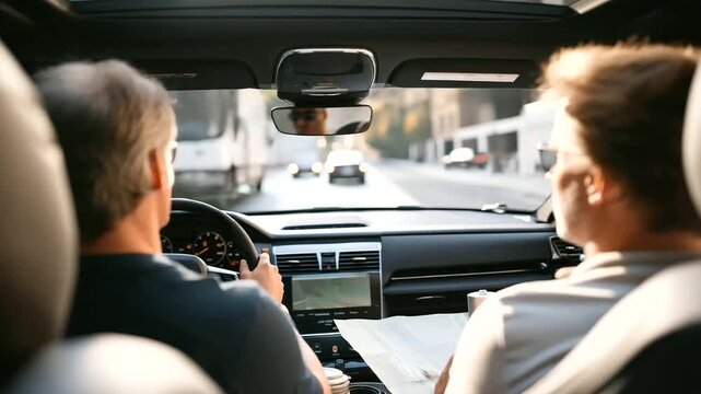 An adult son drives his old senior father in a car its seats leather and worn through a snowy city its asphalt slick. A paper map its edges creased lies on the dashboard and