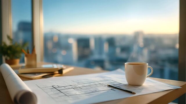 An architect reviews a blueprint for a skyscraper on a drafting table with rulers measuring pencils marking a city skyline visible through a window and a coffee mug steaming