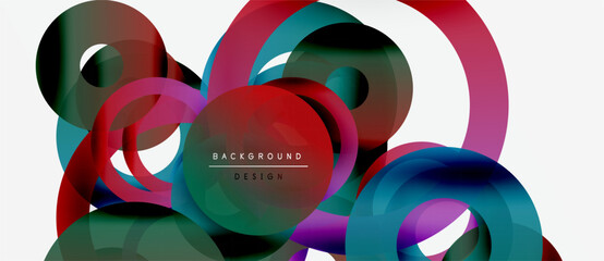 Abstract colorful circles overlap, creating dynamic composition. Modern design elements suggest fluidity, energy, innovation. White background enhances vibrancy.