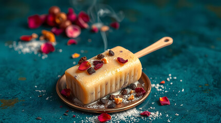 Traditional Indian kulfi on a light brown plastic stick, drizzled with sweet syrup, and garnished with dried berries, nuts, and red rose petals. The dessert rests on a small bronze plate .