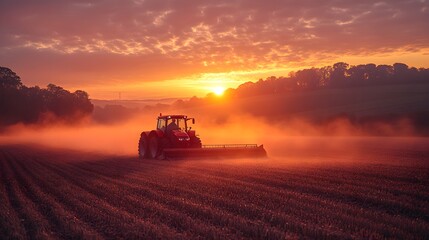 Fototapeta premium Tractor plows field during vibrant sunset with mist and shadows in peaceful countryside landscape