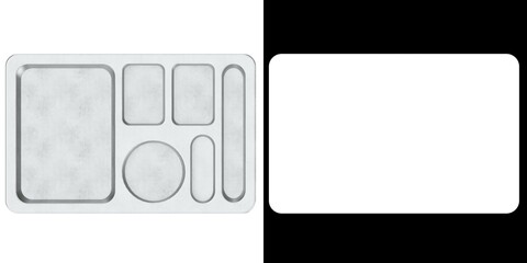 3D rendering illustration of a metallic empty compartment meal tray