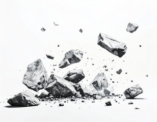 Gray rocks shattered, scattered against white background