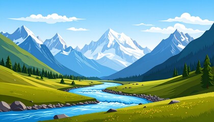 Landscape of a river in mountains scenery. Panoramic view of mountain range with