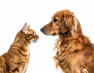 Close-up of a ginger cat and golden retriever facing each other