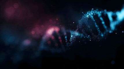 Abstract 3D rendering of a glowing DNA double helix composed of luminous particles against a dark background with blue and red bokeh lights