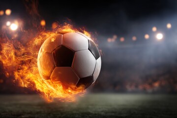A soccer ball engulfed in flames soars through the air in a dramatic, illuminated stadium setting at night