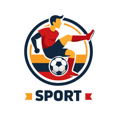 Soccer player kicking ball emblem logo design vector illustration