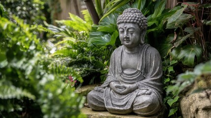 Fototapeta premium A serene Buddha statue sits in a lush garden surrounded by green plants and foliage, evoking peace and tranquility