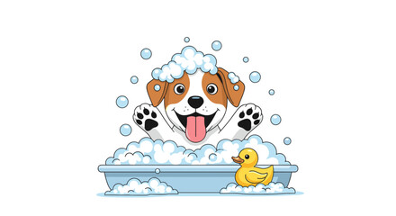 Fototapeta premium Cute happy puppy dog taking a bath with bubbles and rubber duck.