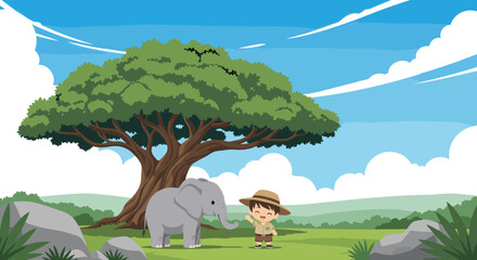 Naklejka premium Cartoon Elephant and Child Under a Large Tree in the African Savannah.