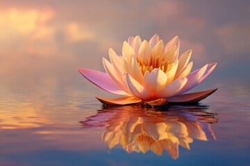 A serene pink lotus flower floats on calm water, beautifully reflected under a soft, pastel sky at sunset
