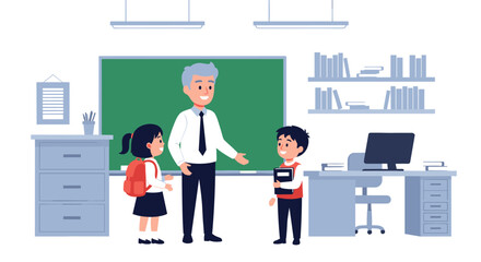 Teacher talking to two students in a classroom setting.