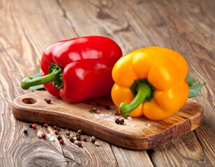 Red and Yellow Bell Peppers on Wooden Cutting Board.
