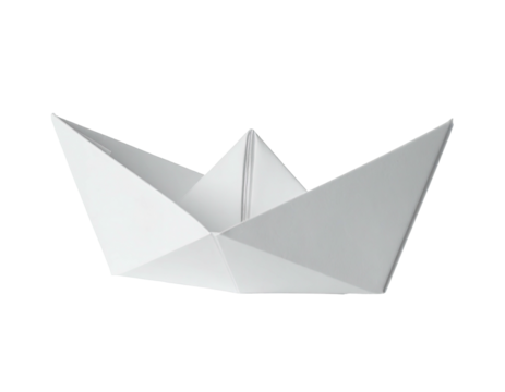 A simple, white paper boat, sharply folded, sits on a plain background