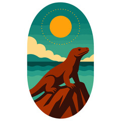 Komodo Dragon on Coastal Rock at Sunset — Indonesian Wildlife Oval Retro Vector