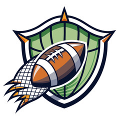 Flying football over field graphic with shield background illustration