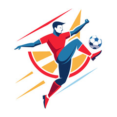 Dynamic flat vector soccer player kicks the ball high