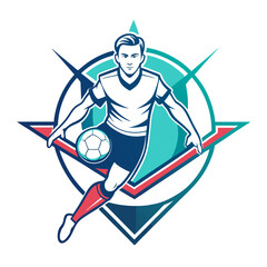 Dynamic soccer player vector emblem in teal and navy