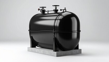 Black horizontal pressure vessel with valves and gauge.