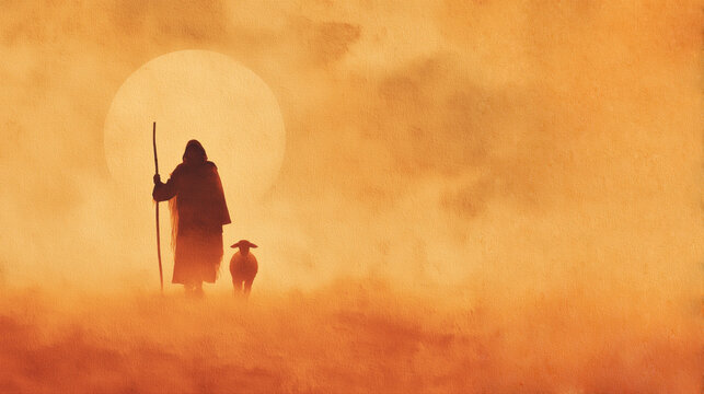 Silhouette of Jesus Christ Walk with Sheep at Sunset Watercolor Illustration