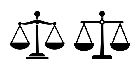 Two black and white illustrations of scales, representing concepts of balance and justice.