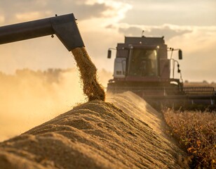 Harvesting Wheat Field with Combine Harvester.