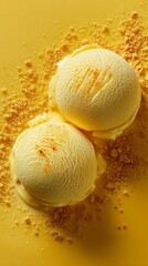 Two scoops of creamy yellow ice cream are beautifully placed on a bright background, enhanced with a sprinkle of crushed topping, creating an inviting dessert scene