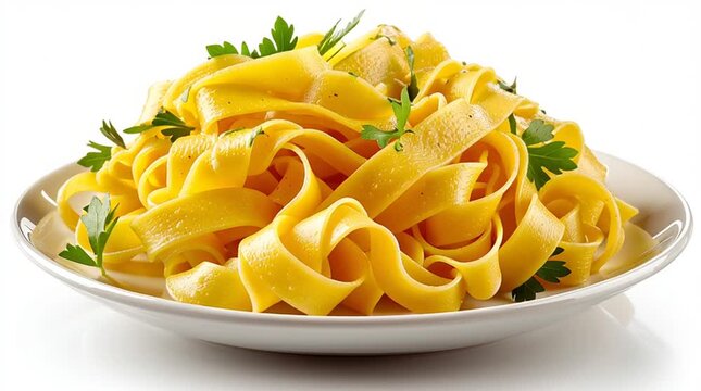 Fresh tagliatelle  pasta rotating on white plate, on white background. 
