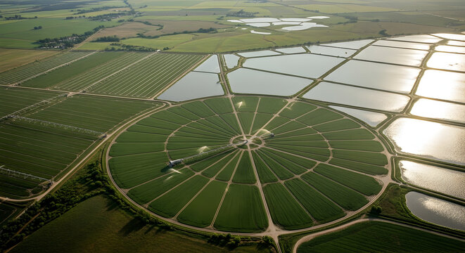 Aerial View of Circular Irrigation System Over Green Fields and Water Ponds in Rural Farmland Environment