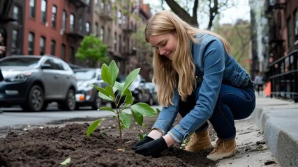 Young woman plants a tree in urban area to support the environment and improve community green space