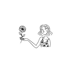 Black and white vector illustration of a beautiful woman holding a flower, minimal clean line art style